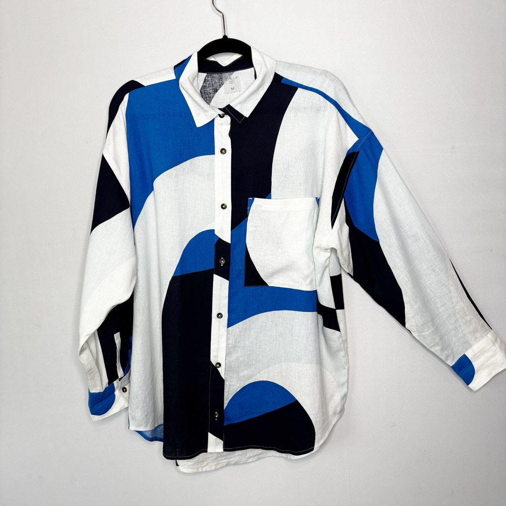 Calia Linen Abstract Geometric Oversized Blouse Size M Button‎ Front Flowy